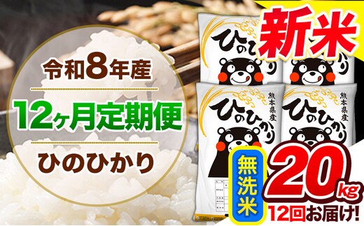【12ヶ月定期便】令和8年産 新米 定期便 無洗米 ひのひかり 20kg 《12月から出荷開始》令和8年産 新米 熊本県産 ふるさと納税 精米 ひの 米 こめ ふるさとのうぜい ヒノヒカリ コメ 熊本米 ---gkt_lcl_822_dec12---