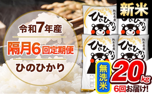 【隔月6回定期便】新米 令和7年産 無洗米 定期便 ひのひかり 20kg 《お申込み翌月から出荷》 熊本県産 ふるさと納税 精米 ひの 米 こめ ふるさとのうぜい ヒノヒカリ コメ 熊本米 ひのもり---hn7tei_291000_20kg_ev2mo6_gkt_m---