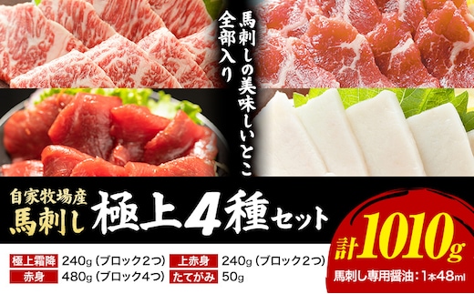 馬肉 馬刺し 自家牧場産 馬刺し極上 4種セット 極上霜降り 上赤身 たてがみ 赤身 1010g 高椋畜産《60日以内に出荷予定(土日祝除く)》熊本県 南関町 馬肉 馬刺し---nankan_ntm_4_4s---