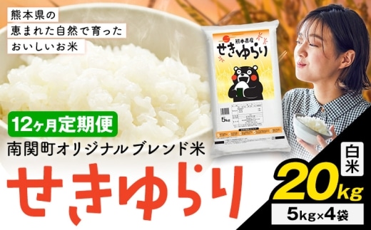 【12ヶ月定期便】米 南関町 せきゆらり 白米 20kg《申込みの翌月から出荷開始》熊本県産 国産 白米 こめ コメ 20キロ---nankan_lcl_690_mo12_tei---