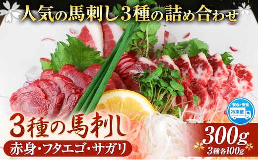 3種の馬刺し 赤身 フタエゴ サガリ 300g 各100g 醤油付き 5ml×2袋 長洲町L（桜屋）《60日以内に出荷予定(土日祝除く)》 熊本県 長洲町 馬肉 馬刺し 熊本県産 国産---sn_fsksansyu_60d_r7_14500_300g---