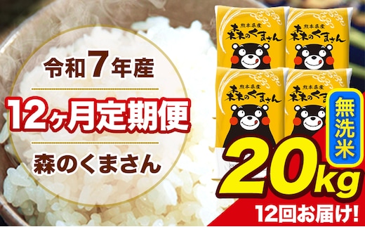 令和7年産 森のくまさん 無洗米 20kg 5kg×4袋 計12回お届け 《お申込み翌月から出荷》 お米 こめ 熊本県産 ご飯 備蓄---mk7tei_582000_20kg_mo12_ng_m---