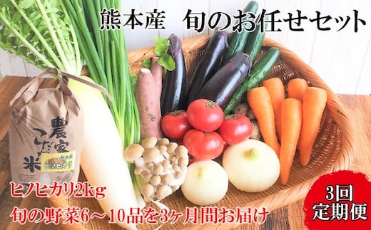 【定期便3回】旬のお任せセット お米(ヒノヒカリ) 2kg・ 旬の新鮮お野菜(6～10品目)セット (詰め合わせ) | 熊本県 和水町 くまもと なごみまち なごみ ヒノヒカリ ひのひかり米 単一原料米 2kg 野菜 旬 旬の野菜 産地直送 詰め合わせ セット 定期 定期便 3回
