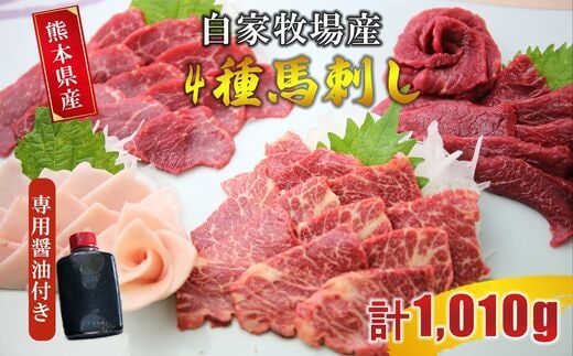 自家牧場産 馬刺し 4種 食べ比べセット（赤身・上赤身・極上霜降り・たてがみ）計1010g 専用醤油付き | 熊本県 熊本 くまもと 和水町 なごみまち なごみ 赤身 上赤身 極上霜降り たてがみ 馬刺し 馬肉 冷凍 食べ比べ
