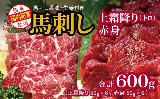 国内肥育 馬刺し 熊本発送 上霜降り（ トロ ） 300ｇ + 赤身 300ｇ 合計 600ｇ 馬刺し?油・生姜付き | 熊本県 熊本 くまもと 和水町 なごみまち なごみ 馬肉 馬刺し 上霜降り 霜降り トロ 600g 冷凍