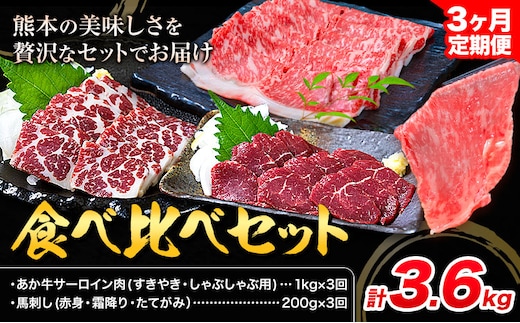 あか牛 すきやき・しゃぶしゃぶ用 サーロイン肉1kg・馬刺し200g 食べ比べセット 3ヶ月定期便 計3.6kg 合同会社たべたせいか《お申し込みの翌月から出荷》牛肉 和牛 馬刺し セット 熊本県産 送料無料---ubuyama_tbt_33_mo3---