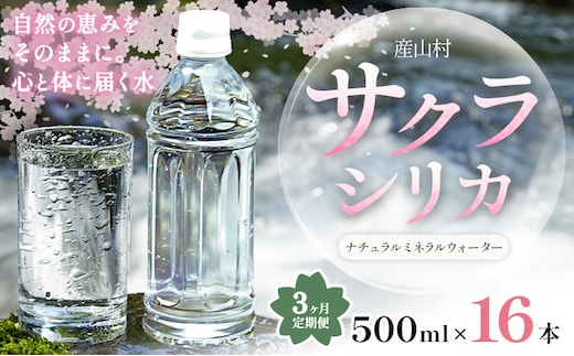 【3ヶ月定期便】サクラシリカ 500ml 16本 定期便 みずの里《お申込み翌月から出荷》熊本県 阿蘇郡 産山村 ミネラルウォーター シリカ 水 天然水 鉱水 ラベルレス ラベルなし---ubuyama_mzs_20_mo3---