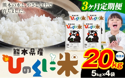 【3ヶ月定期便】 無洗米 ひのくに米 20kg 《お申込み翌月から出荷》 食品 米 こめ コメ 熊本県産 ふるさと納税 お米 おこめ 熊本---ubuyama_lcl_629_mo3---
