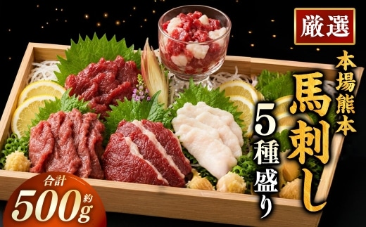 本場熊本 馬刺し 5種盛り 約500g 馬刺 馬肉 馬 お肉 肉 ニク にく 刺身 赤身 馬霜降り フタエゴ コーネ 馬ヒモ 特製醤油付き 詰め合わせ セット 食べ比べ 直送 冷凍