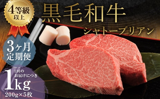 【3ヶ月定期便】 くまもと 黒毛和牛 シャトーブリアン 1.0kg(200g×5枚) 牛肉 牛 肉
