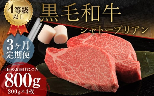 【3ヶ月定期便】 くまもと 黒毛和牛 シャトーブリアン 800g(200g×4枚) 牛肉 牛 肉