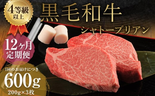 【12ヶ月定期便】くまもと黒毛和牛シャトーブリアン 600g(200g×3枚)牛肉 牛 肉