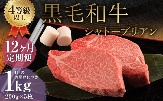 【12ヶ月定期便】 くまもと 黒毛和牛 シャトーブリアン 1.0kg(200g×5枚) 牛肉 牛 肉
