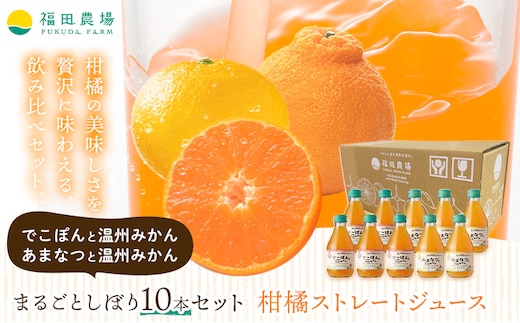 まるごとしぼり 10本セット ストレートジュース でこぽんと温州みかん あまなつと温州みかん 10本 1本あたり180ml《30日以内に出荷予定(土日祝除く)》熊本県 水俣市 津奈木町 福田農場 ジュース 果汁100% 柑橘 温州ミカン デコポン 甘夏ミカン セット---st_hnduau_30d_r7_11000_10p---