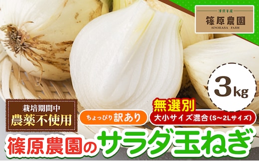 訳あり 栽培期間中 農薬不使用 サラダ玉ねぎ (S-2Lサイズ) 3kg 《3月上旬-4月上旬頃出荷予定》熊本県 葦北郡 津奈木町 篠原農園 野菜 玉ねぎ たまねぎ 自然栽培 大小サイズ混合 ちょっと訳あり---st_shinoytama_3j4j_26_7500_3kg---