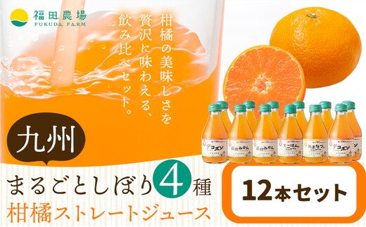 飲み比べ 九州まるごとしぼり 4種 ストレートジュース 12本セット 1本あたり180ml《30日以内に出荷予定(土日祝除く)》熊本県 水俣市 津奈木町 福田農場 ジュース 果汁100% 柑橘 温州みかん デコポン 甘夏みかん セット---st_hnms4syu_30d_r7_13500_12p_2---