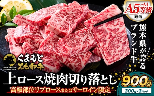くまもと黒毛和牛 上 ロース 焼肉 切り落とし 900g《7-14日以内に出荷予定(土日祝除く)》熊本県 津奈木町 上ロース 焼肉用 黒毛和牛 焼肉 肉 お肉 和牛 A5 A4 300g 小分け リブロース サーロイン A4～A5等級 黒毛和牛 切り落とし---tn_fzyoursyk_7e14e_26_25000_900g---