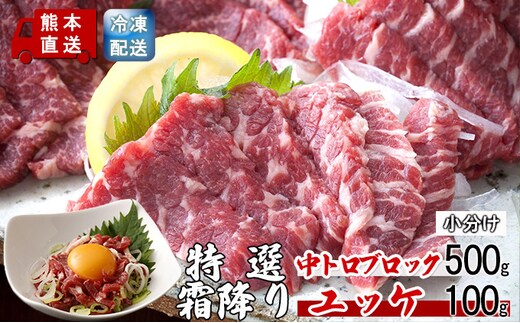 馬刺し 熊本 霜降り 馬刺 特選霜降り 中トロ 500g ブロック ユッケ 100g セット 熊本直送 国内肥育 馬肉 肉 お肉 冷凍 国産 又は カナダ産 配送不可:離島 