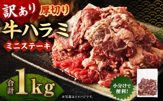 訳あり 厚切り牛ハラミ ミニステーキ 500g×2パック 計1kg 牛ハラミ 牛はらみ ハラミ はらみ ステーキ ステーキ肉 牛肉 牛 お肉 肉 厚切り 冷凍 熊本県 湯前町