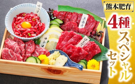 純国産 馬刺し 4種スペシャルセット 計約200g 馬肉 お肉 肉 上赤身 霜降り 中トロ ロース ユッケ タレ 醤油 セット 食べ比べ 冷凍 熊本県 湯前町