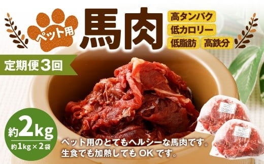 【3回定期便】ペット用馬肉 約2kg(約1kg×2袋)合計約6kg ペットフード 馬 肉 高タンパク 低カロリー