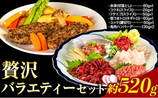 贅沢バラエティセット 520g 馬肉 冷凍 《60日以内に出荷予定(土日祝除く)》 新鮮 さばきたて 生食用 肉 熊本県球磨郡山江村 馬刺し 馬肉 惣菜 希少部位---sy_fsenzibr_60d_26_14500_520g---