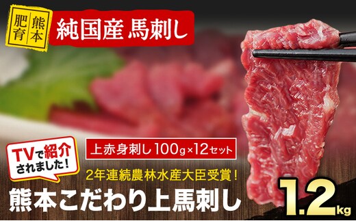 馬刺し 上赤身 ブロック 国産 熊本肥育 冷凍 生食用 たれ付き 1.2kg 肉 絶品 牛肉よりヘルシー 馬肉 平成27年28年 農林水産大臣賞受賞 熊本県山江村《3-7日以内に出荷予定(土日祝除く)》---ym_fkgakm_3e7e_37000_1200gt---