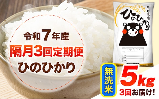 令和7年産 【隔月3回定期便】 無洗米 ひのひかり 5kg 《お申し込み月の翌月から出荷開始》 熊本県産 無洗米 白米 精米 ひの 送料無料 熊本県 山江村 SDGs むせんまい 米 コメ こめ 国産---hn7tei_43500_5kg_ev2mo3_ym_m---