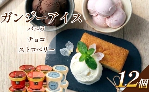 ガンジーアイス 12個セット（バニラ、チョコ、ストロベリー）