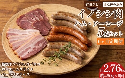 【6ヶ月定期便】 【竹田ジビエ】 山ん神の恵み イノシシ肉ハム・ソーセージ 5点セット 食べやすい