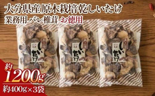 大分県産 原木栽培 乾しいたけ 業務用 バレ椎茸 お徳用 約1200g（約400g×3袋）