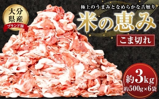 【数量・期間限定】大分県産 ブランド豚 「米の恵み」 こま切れ 計約3kg(約500g×6袋) 真空パック (2026年1月下旬順次発送)