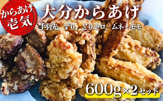 0C1-119A【からあげ壱気】 大分からあげ 600g×2セット（モモ、とりトロ、ムネ、ずり、手羽先） 鶏肉 唐揚げ おつまみ