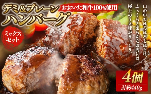 175-1210 【おおいた和牛 100%使用】デミ&プレーン ハンバーグ ミックス セット 4個 計約440g 牛肉 肉 和牛 おかず 惣菜 冷凍 簡単調理 デミグラス