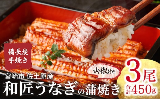 【宮崎市佐土原産】和匠うなぎの備長炭手焼き蒲焼3尾450ｇセット_M080-009
