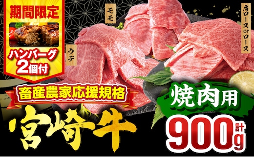 【期間・数量限定】畜産農家応援！宮崎牛 焼肉3種セット(肩ロースorロース・ウデ・モモ 各300g)・国産牛ハンバーグ100g×2個_M132-093-PU-B2