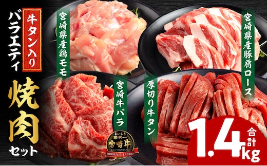宮崎県産牛豚鶏＆牛タン 焼肉セット 合計1.4kg_M144-018