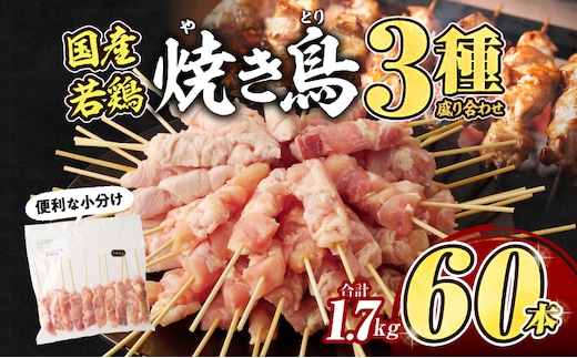 若鶏の焼き鳥3種(60本)盛り合わせ_M146-013