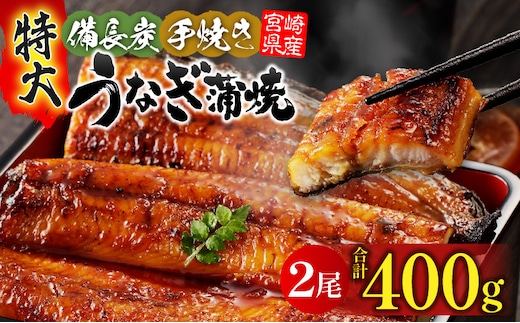 【宮崎県産】特大うなぎ備長炭手焼き蒲焼2尾(400g)_M159-009