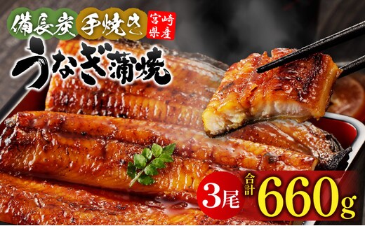 【宮崎県産】うなぎ備長炭手焼き蒲焼3尾(660g)_M159-011