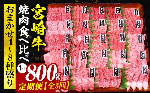 【定期便全3回】宮崎牛焼肉食べ比べ4種～8種盛り 合計800g_M243-T2309-2