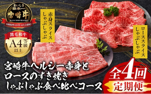 【定期便全4回】宮崎牛ヘルシー赤身とロースのすき焼き・しゃぶしゃぶ食べ比べコース_M243-T006