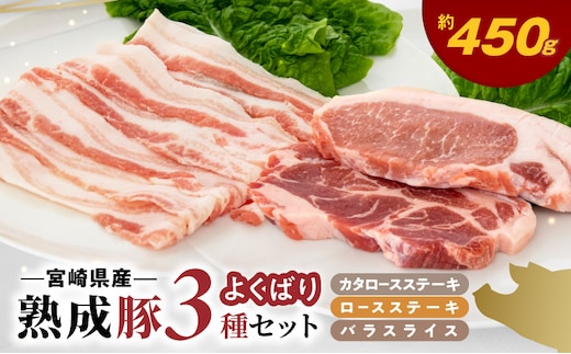 宮崎県産熟成豚 よくばり3種セットA-1（ステーキ2種 各1個/スライス1個）N0105-YA2284