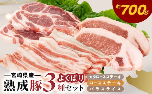 宮崎県産熟成豚 よくばり3種セットA-2（ステーキ2種 各2個/スライス1個）N0105-YA6607