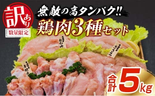 訳あり 数量限定 鶏肉 3種 セット 合計5kg 国産 おかず 食品 むね肉 手羽元 ささみ 詰め合わせ ヘルシー グルメ お弁当 人気 おすすめ おつまみ 高タンパク質 真空パック から揚げ チキン南蛮 サラダ 万能食材 お取り寄せ 大容量 宮崎県 日南市 送料無料_BC113-25