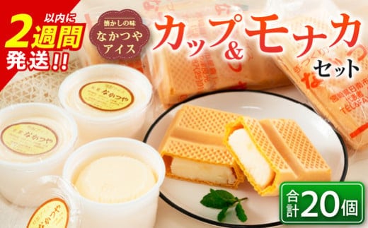 手作り アイス カップ ＆ モナカ セット 合計20個 スイーツ お菓子 食品 加工品 最中 なかつや 国産 おやつ デザート ご褒美 昔ながら 手作り 子供 乳製品 氷菓 詰め合わせ 食べ比べ お取り寄せ グルメ おすそ分け おすすめ 懐かしい 宮崎県 日南市 送料無料_CA34-23
