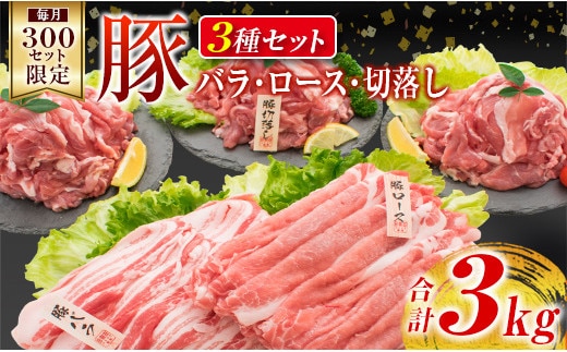 数量限定 豚肉 豚ロース 豚バラ 豚切落し セット 合計3kg ポーク 国産 万能食材 大容量 スライス 切り落とし 豚肩ロース 食べ比べ 生姜焼き すき焼き 冷しゃぶ おかず お弁当 おつまみ 食品 人気 おすすめ お取り寄せ 詰め合わせ 宮崎県 日南市 送料無料_CB67-23