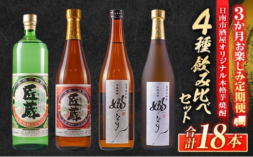 3か月 お楽しみ 定期便 日南市 酒屋 オリジナル 本格 芋焼酎 4種 飲み比べ セット 合計18本 アルコール 飲料 国産 お酒 匠蔵 嫋なり 松の露酒造 古澤醸造 おすすめ 呑み比べ 晩酌 家呑み 宅呑み お祝い ご褒美 記念日 お取り寄せ お土産 宮崎県 送料無料_IF2-22