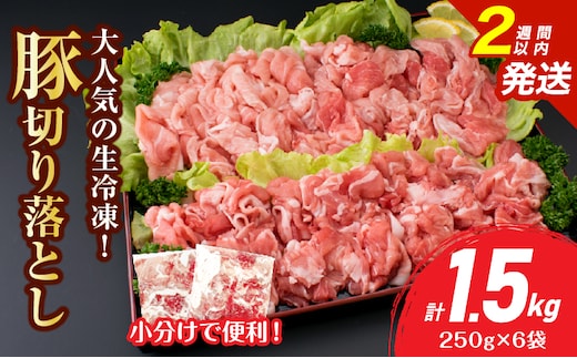 大人気 生冷凍 厳選 豚切り落とし 計1.5kg 国産 食品 豚肉 ぶた ポーク 小分け 個包装 真空パック 便利 大容量 生姜焼き 野菜炒め 豚汁 肉じゃが 豚丼 お弁当 おかず 晩ご飯 おすすめ 使い切りサイズ 万能食材 おすそ分け 宮崎県 日南市 送料無料_BB158-25-2W