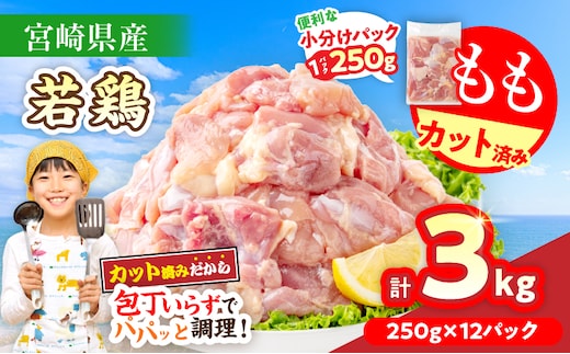 数量限定 宮崎県産 若鶏もも肉 切身 250g×12袋 計3kg 小分け 便利 冷凍 国産 真空パック カット済 簡単調理 唐揚げ から揚げ 炒め物 親子丼 おかず お弁当 焼肉 BBQ バーベキュー おつまみ ジューシー 人気 おすすめ グルメ 選べる 宮崎県 日南市 送料無料_BDV3-26